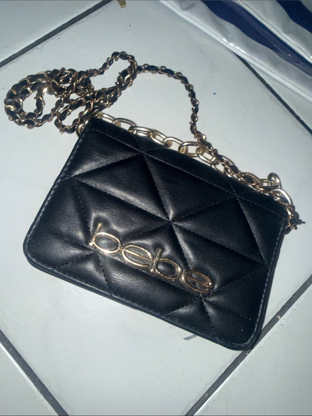 bebe Black Quilted Crossbody with Gold Chain Strap